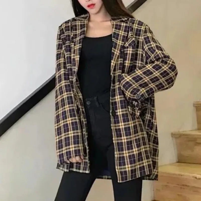 

Vintage Office Ladies Plaid Blazer Long Sleeve Loose Houndstooth Suit Jacket Coat Women Casual Work Elegant Blazers Female 2019