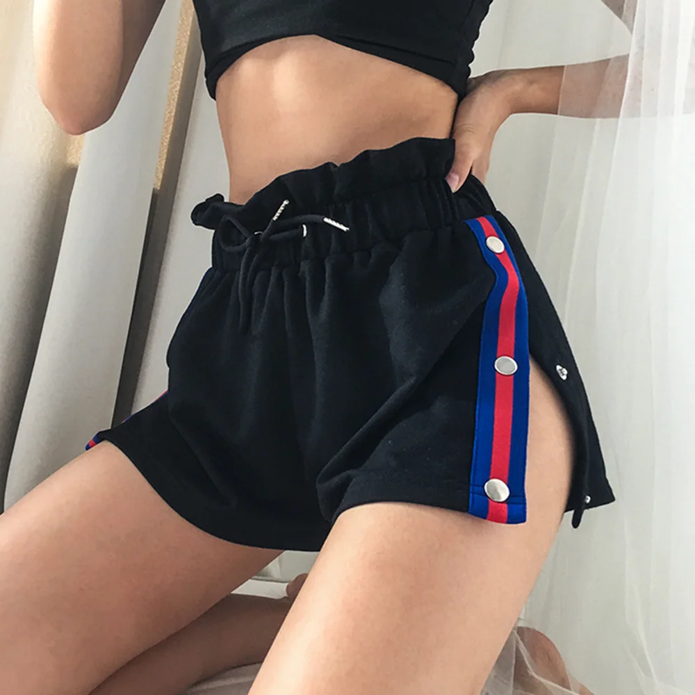 Black Shorts High Waist Women Side Button Patchwork Sport Shorts High Streetwear Split Casual Lady Women Shorts