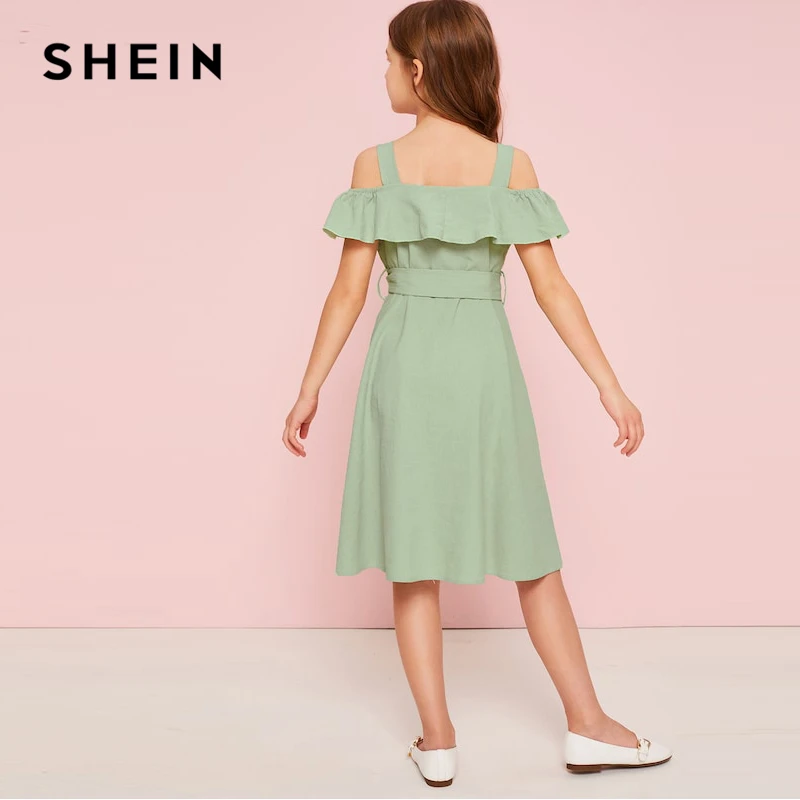 SHEIN детское зеленое платье-рубашка в стиле бохо с открытыми плечами и оборкой, с поясом, летнее милое платье на пуговицах спереди, с высокой талией, длиной до колена