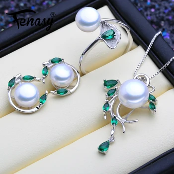 

FENASY Trendy 925 Sterling Silver Natural Pearl Jewelry Sets For Women Green Emerald Earrings Pendant Necklace Engagement Ring