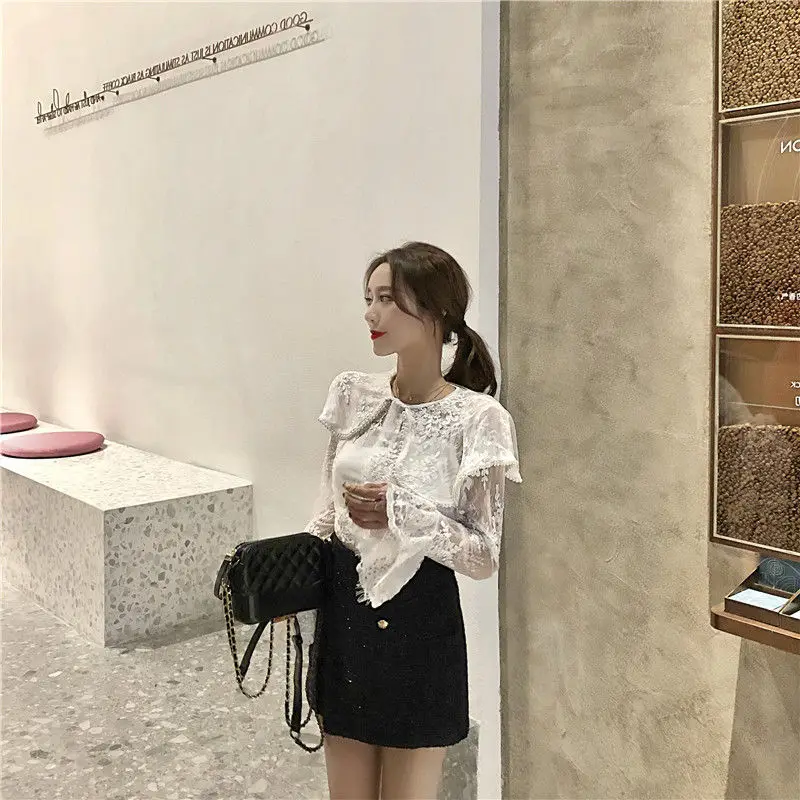  Hzirip Women Korean Blouses 2019 Hot Summer Sexy Fashion Casual Solid Shirt Lace Hollow Out Women T