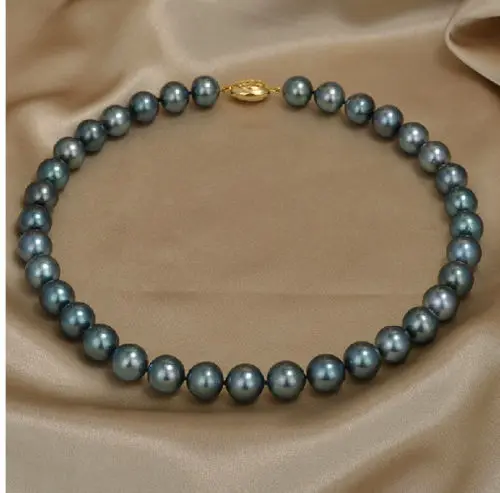 

HUGE NATURAL SOUTH SEA 9-10MM BLACK GREEN PEARL NECKLACE 18 INCH 925silver GOLD CLASP