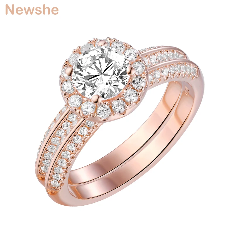 Newshe 2Pcs Rose Gold Color Wedding Rings For Women 925 Sterling Silver Round Cut AAA CZ Engagement Ring Set Fashion Jewelry