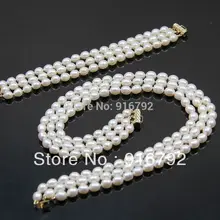 Женщины подарок 3 строки А. А. 8 мм белый akoya жемчужное ожерелье браслеты(C0322