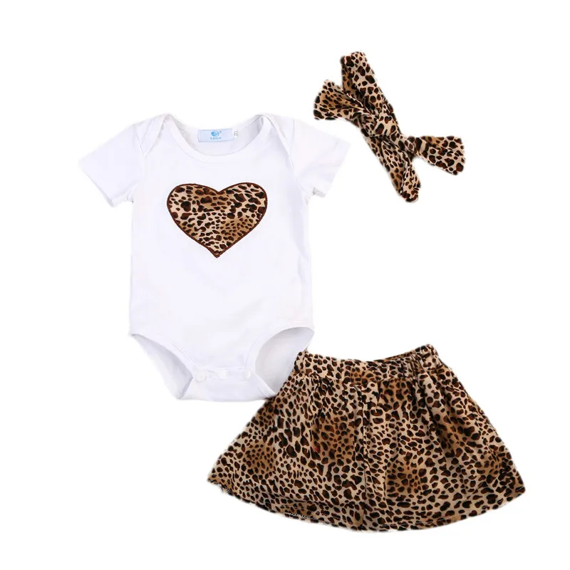 Летние комплекты для малышей, 3 предмета, верхний комбинезон для новорожденных девочек, леопардовая юбка, повязка на голову для девочки
