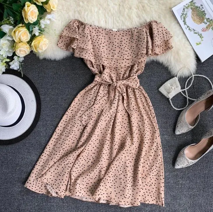 

Summer 2019 Women Off Shoulder Print Dress Ruffles Polka Dots Chiffon Floral Dress Belt Summer Holiday Beach Dresses