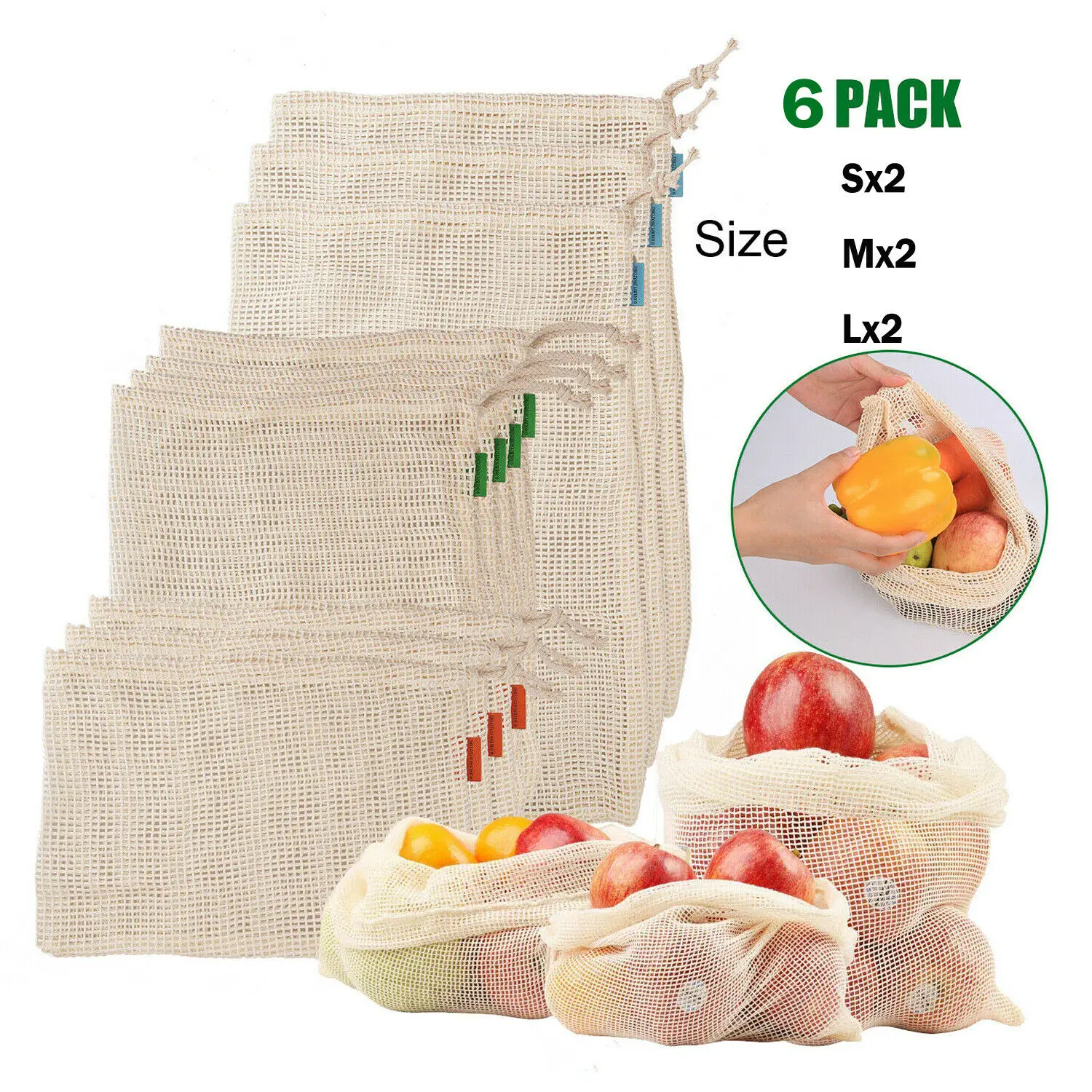 

6Pcs Vegetable Fruit Bags Eco-friendly Cotton Mesh Produce Bags Grocery Fruit Storage Shopping String Bag For Kitchen Home