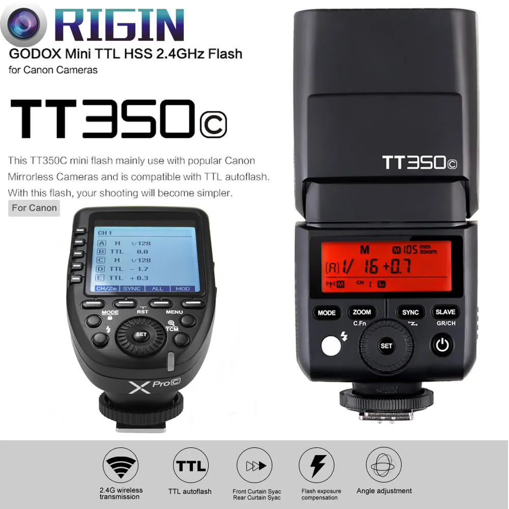 

Godox Mini Speedlite E-TTL TT350C High Speed 1/8000s GN36+2.4G wireless Power Trigger Xpro-C Kit For Canon