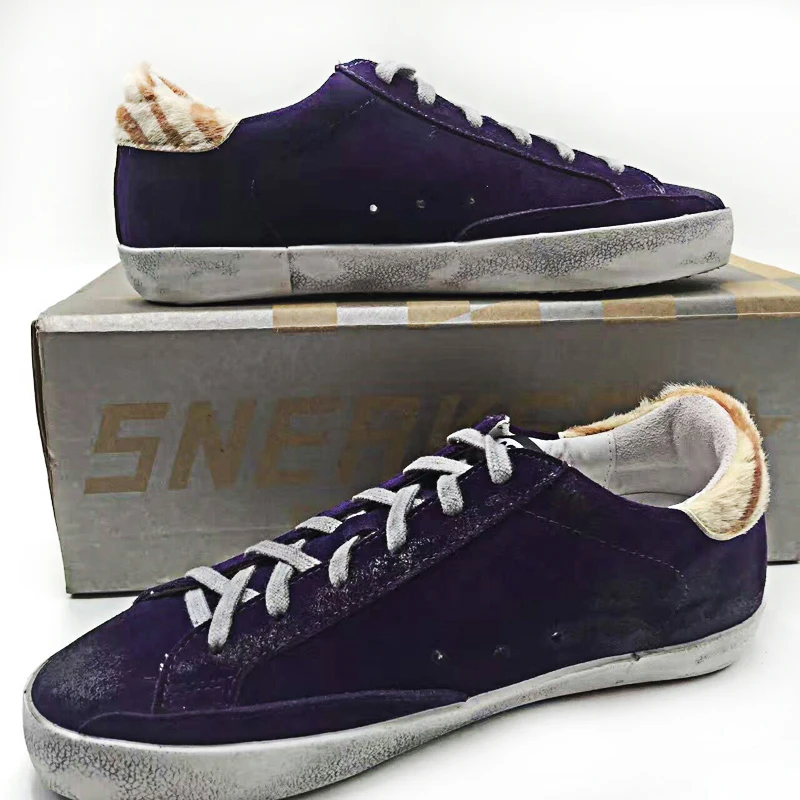 

Original Italy Deluxe Brand Men Women Casual Golden Shoes Purple Genuine Leather Lace-Up Goose Shoes Scarpe Uomini Zapatos Mujer