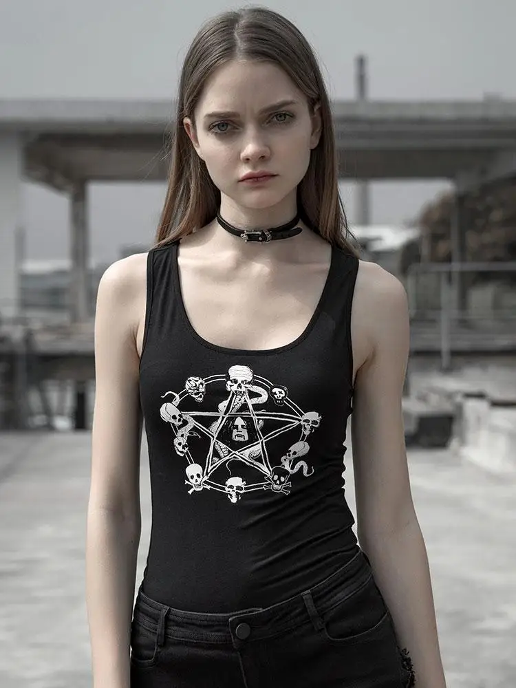 

Punk Rave Women Punk T-shirt Printed Slim Fitted Skull Decration Personality Women Tank Top