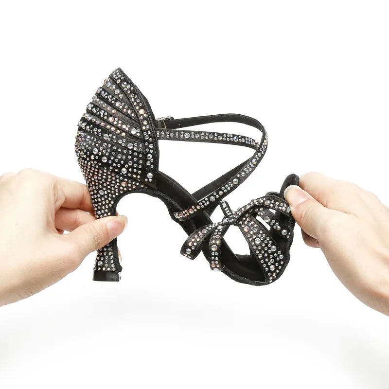 Samisoler Latin Dance Shoes Women with Black Satin tango jazz Salsa Rhinestone Shoes Dance For Women Ballroom Dancing Shoes Hig