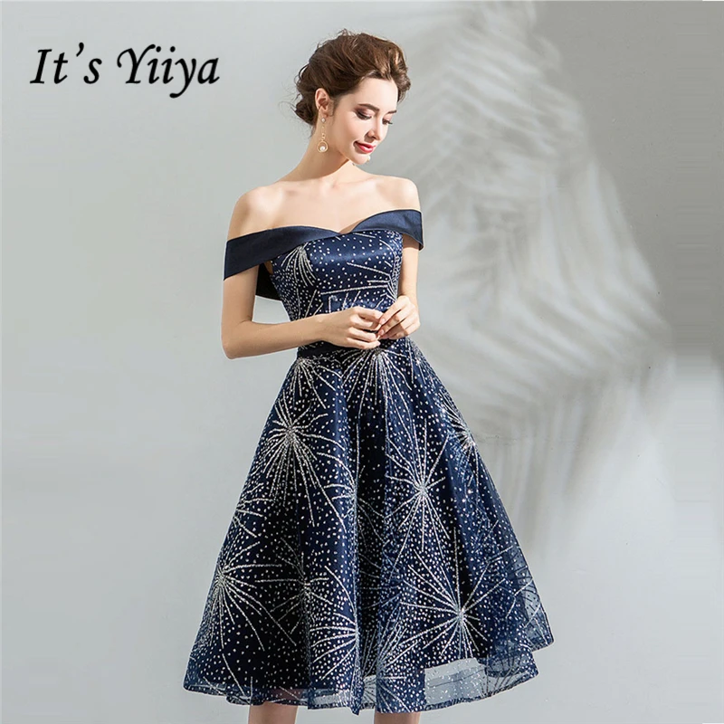 

It's Yiiya Cocktail Dresses Boat Neck Deep Blue Sequins Bling A-line Knee-length Plus size 2018 New LX1138 vestido coctel