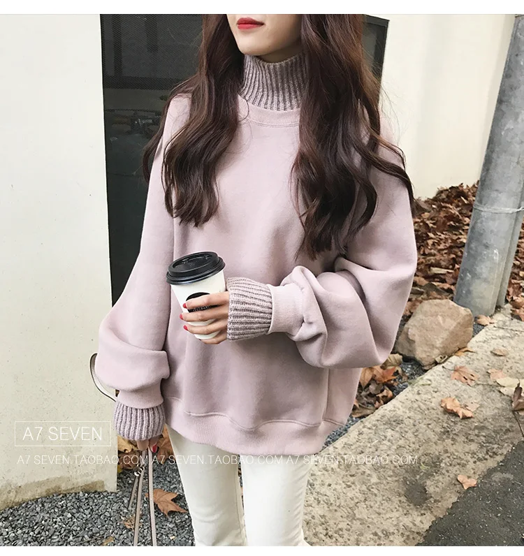 Толстовки Женские однотонные простые универсальные корейские стильные толстые теплые мягкие Kawaii женские пуловеры с высоким воротом для отдыха длинная одежда