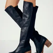 Новые зимние женские сапоги до колена, черный, серый, Круглый оранжевый носок, квадратный каблук, без шнуровки эластичные женские сапоги с высоким голенищем размера плюс