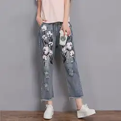 Большие размеры джинсы 2018 Весна Новая мода с цветочным принтом свободные штаны эластичный пояс Повседневный стиль ковбойские джинсы