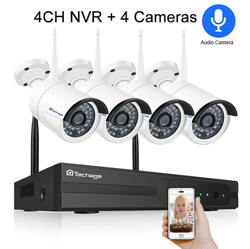 Techage 4CH 1080P беспроводная камера безопасности NVR система 2MP HD Wifi наружная внутренняя камера видеонаблюдения Аудио запись звука комплект наблюдения - Цвет: 4CH NVR 4 Cameras