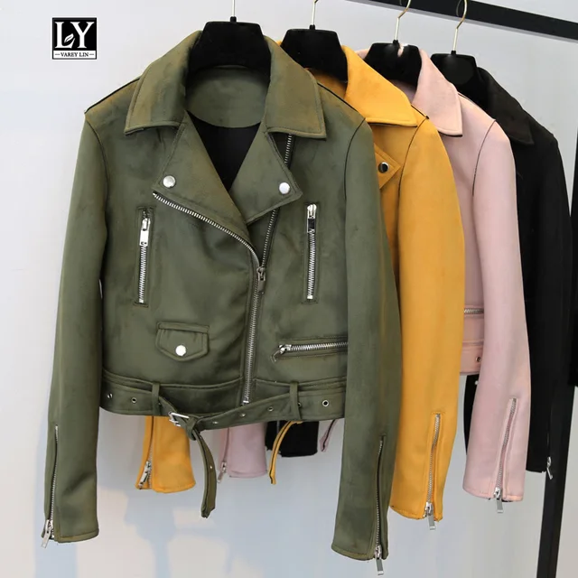 $US $31.79  Ly Varey Lin Women Soft Suede Leather Motorcycle Jacket Turn-down Collar Female Short Coats Black P