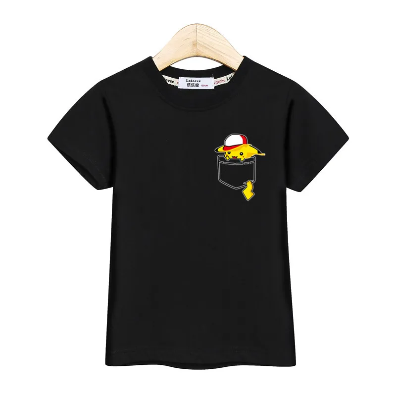 Funny pockets pikachu tops kids clothes little boys short sleeve t-shirt baby girls cute print costume kid boy casual tee shirt - Цвет: Black1