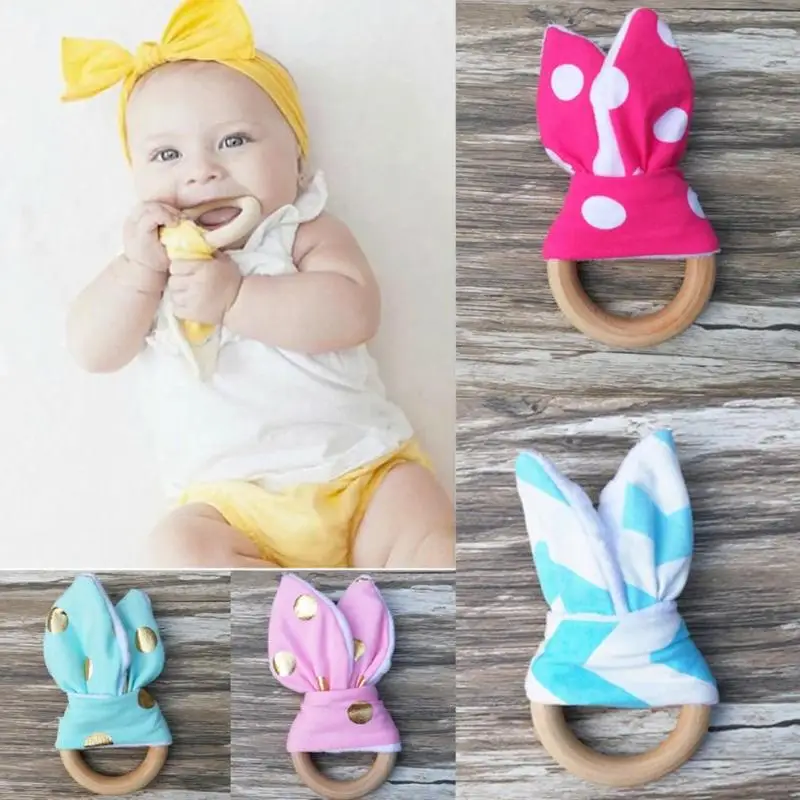 

Natural Wooden Baby Teether Rabbit Ear Sensory Toy Baby Professional Teething Ring Wooden Baby Safety Teether