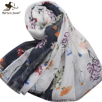 

Marte&Joven Colorful Floral Printed White Black Patchwork Long Scarf for Women Elegant Spring Fringe Scarves Shawl Muslim Hijab
