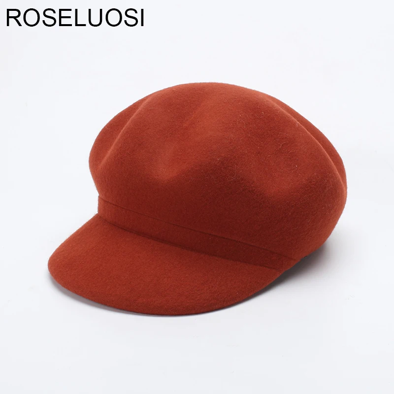 

ROSELUOSI Women Winter Wool Newsboy Caps Good Quality 100% Wool Octagonal Hat Solid Color Felt Cap Female Gorras