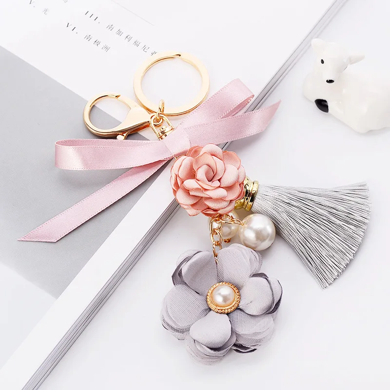 

Cloth Flower Key Ring Ice Silk Tassel Car Key Chains Lady Couple Bag Ornaments Creative Fashion Charm Bowknot Keychain