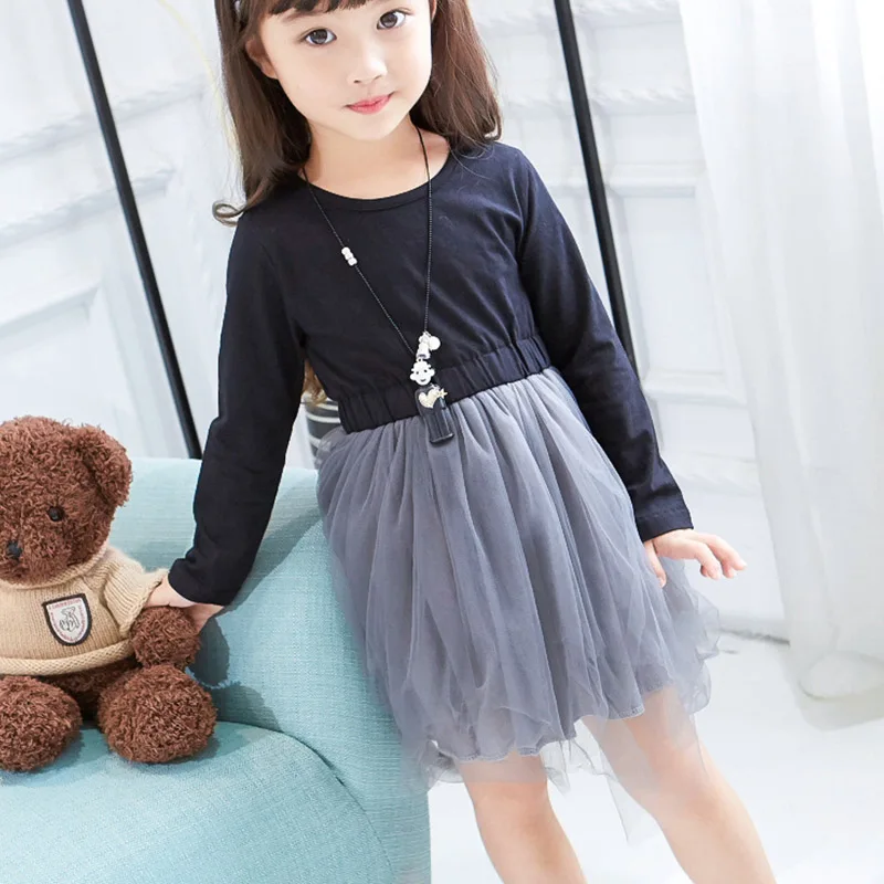 Girls Dress 2019 New Autumn Mesh Kids Clothes Casual Long Sleeve Party Princess Cute Patchwork For 3-7 Years Teenage | Детская одежда и