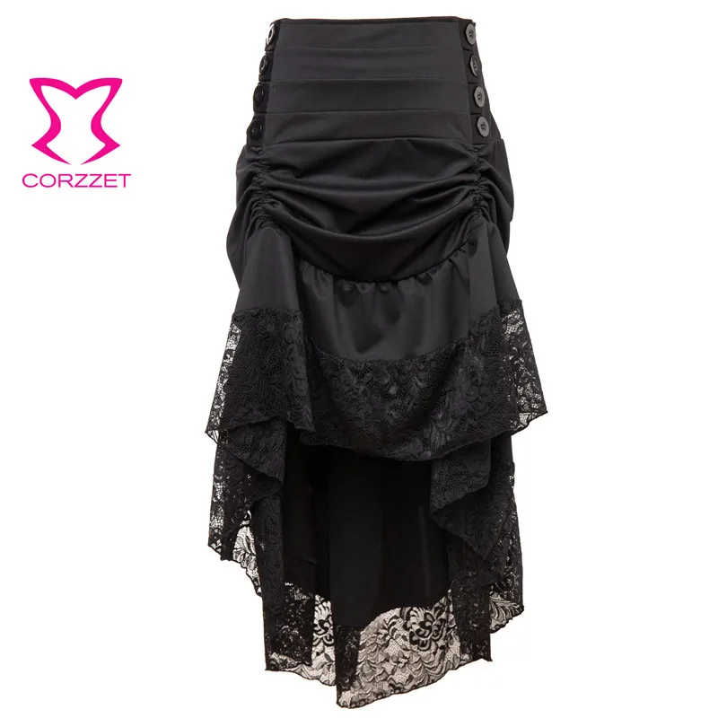 Черные Асимметричные Цветочные кружевные юбки с оборками и пуговицами в стиле стимпанк, викторианские юбки, сексуальная готическая одежда, Женская винтажная юбка размера плюс - Цвет: Black