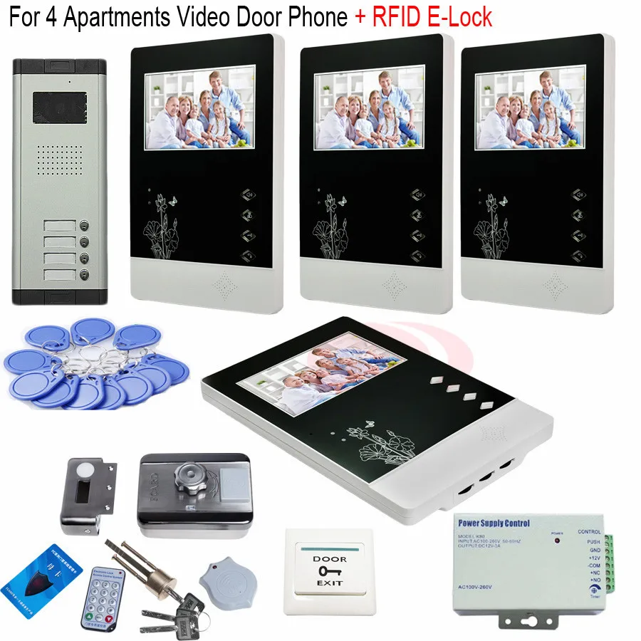 Домофон для 4 квартир видеодомофон с Rfid электронным замком 12 В|rfid microcontroller|lock rfidrfid