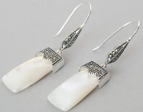 

wb003 SILVER NATURAL WHITE SHELL MARCASITE DANGLE EARRINGS