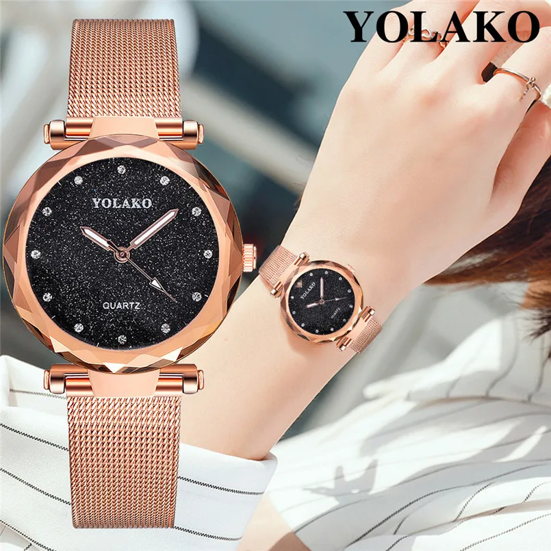 

Yolako Luxury Gold Watches Women 2019 New Fashion Starry Sky Mesh Stainless Steel Belt Watch Casual Quartz s Montre Femme