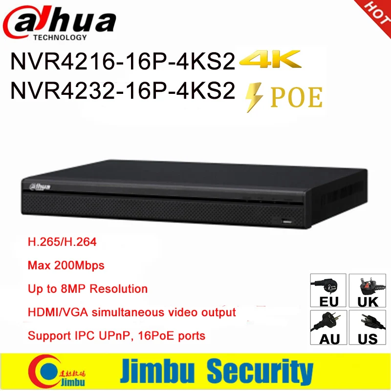 Dahua NVR 16 PoE 16CH 32CH Network Video Recorder NVR4216-16P-4KS2 NVR4232-16P-4KS2 1U ports 4K &H.265 Lite Up to 8MP Resolution