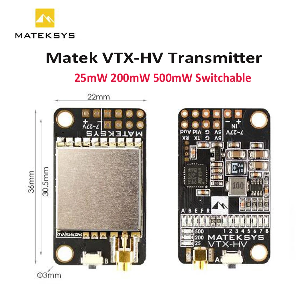 

Matek 5.8G 40CH 25mW 200mW 500mW Switched Video Transmitter VTX-HV 5V/1A BEC Output For RC Racing Drone Toys Models Transmission