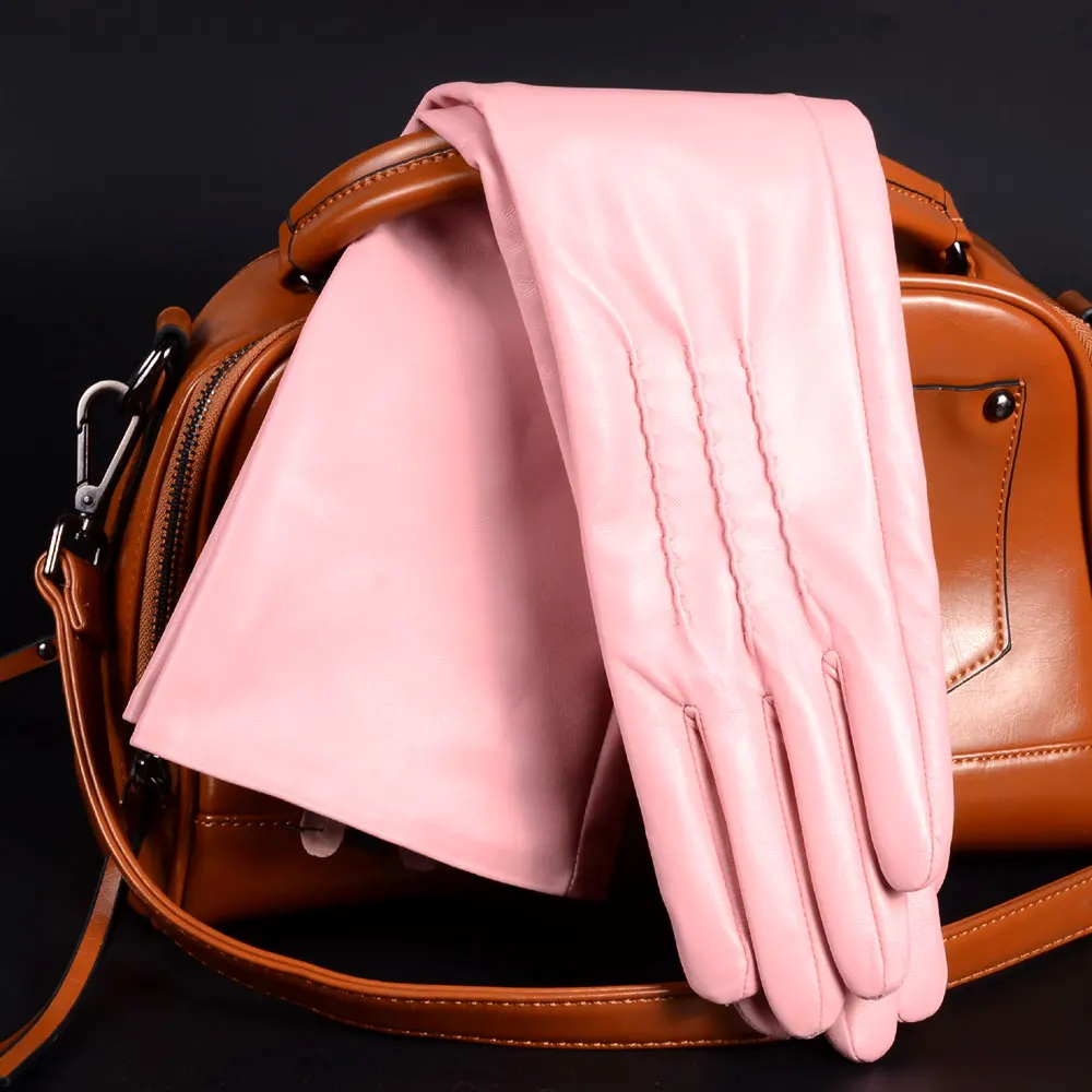 

Spring Genuine Leather Pink/Brown 30/40/50CM long Thin Gloves women Customized big Size Fleece Lined Mittens Mujer Suede Luvas