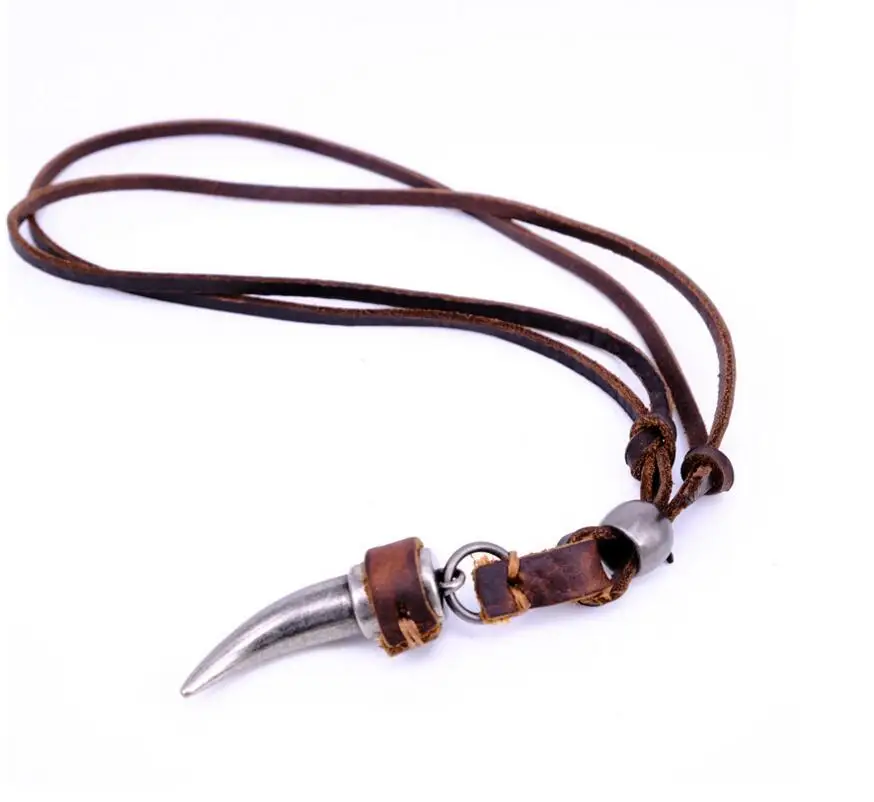 

New collares necklaces & pendants Cool Rock Alloy horn Pendant Genuine Leather Long Chain Necklace Vintage Design Men Necklaces