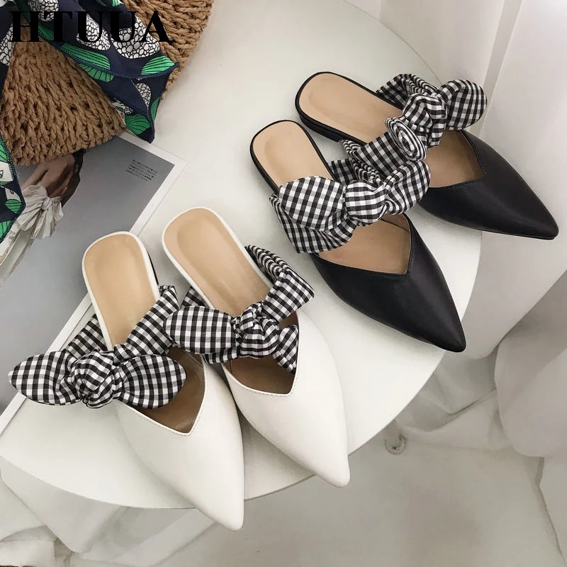 

HTUUA 2019 Spring Summer Shoes Woman Pointed Toe Mules Leather Slippers Women Flats Slides Sandals Slip On Mules Shoes SX2588