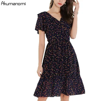 

Summer Chiffon Dress Women Clothing Ruffles V-neck Flare Sleeve Elastic Waist Dress High Quality Plus Size 5XL 4XL 3XL 2XL XL L