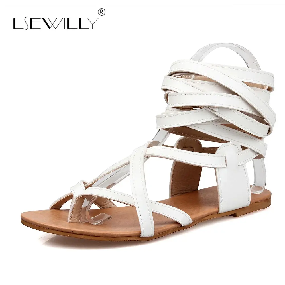

Lsewilly 2018 Summer Lace Up Women Flat Bottom Roma Shoes Woman Cross-Straps Sandals Gladiator Sandals White Black Big Size S180