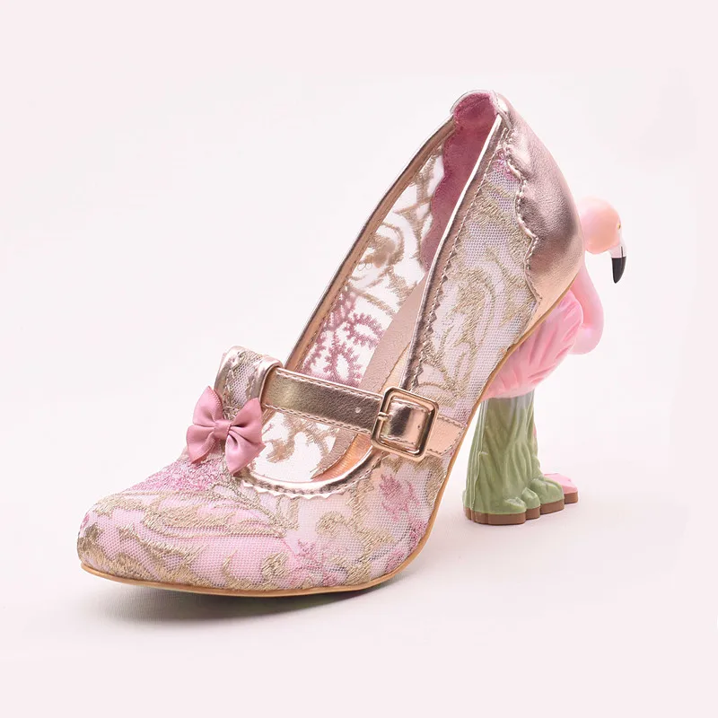Женские свадебные туфли на высоком каблуке с кружевным плетением; Туфли на каблуке 10 см с Фламинго; женские туфли-гладиаторы; sapato feminino; туфли на шпильке с блестками; zapatos mujer - Цвет: pink lace