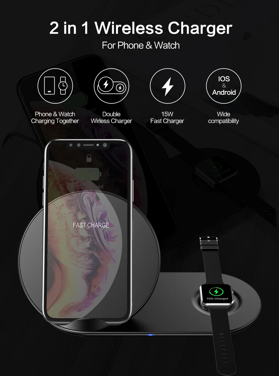 RAXFLY Беспроводной Зарядное устройство для iPhone XS Max XR XS X 2 в 1 Qi Беспроводной быстро Зарядное устройство для Apple Watch 1 2 3 4 для samsung S9 S8 S7 безпроводная зарядка для айфона