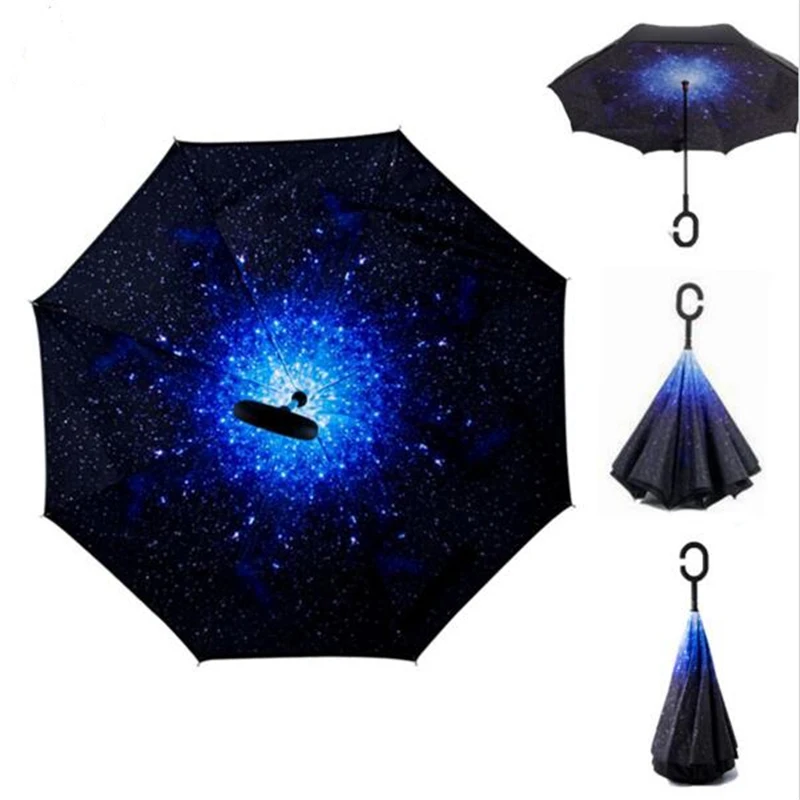 

Starry Sky Anti UV Inverted Umbrella Reverse Folding Double Layer Guarda Chuva Self Stand Inside Out Sunny Rain Protection