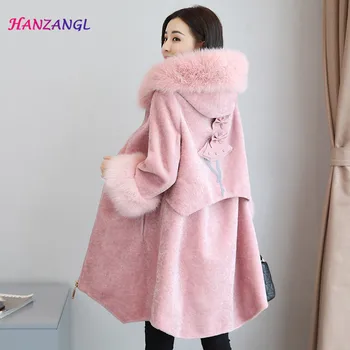

HANZANGL 2019 Winter Wool Coat Women's Faux Fur Coat Long Sleeve Fox Fur Hooded Warm Cashmere Jacket Overcoat pink/black