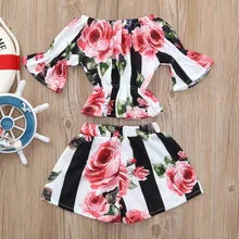 Girls Clothing Sets Off Shoulder Flare Lantern Sleeve Rose Print Tops+Striped High Waist Shorts Outfits Set Toddler Girl Clothes