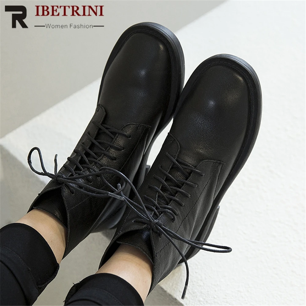 

RIBETRINI New Arrivals Genuine Cow Leather Size 34-40 Ankle Boots Woman Shoes Lace Up Chunky Heels Black Shoes Woman Boots 2019