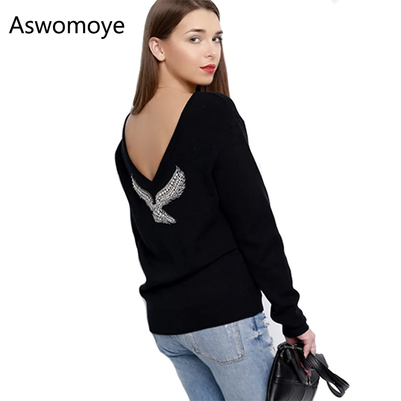 

2018 S-XL Spring New Fashion Women Sweaters Full Sleeve V-Neck Beaded Eagle Diamond Pullovers Computer Knitted Sweater