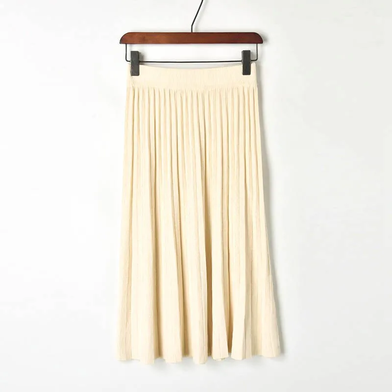 Весенняя летняя модная Новая Стильная трикотажная плиссированная юбка женская однотонная Повседневная Длинная юбка средней длины