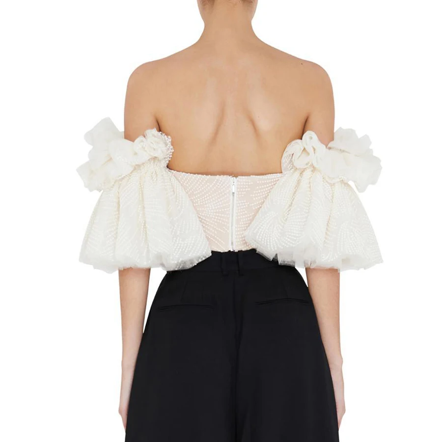 2018 Summer Apricot Asymmetric Personality Top Beading Lace Mesh Off Shoulder Crop Backless Sexy Short Style Women Top Blouses