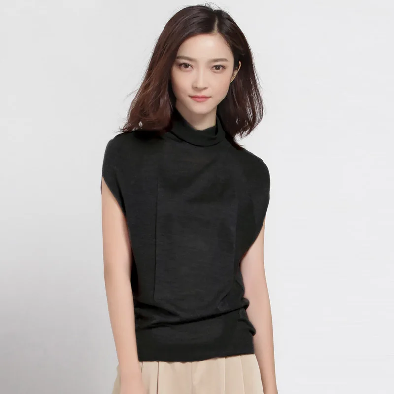 Модный бренд Европейский стиль шерстяной вязаный женский свитер весна осень без рукавов водолазка свитер женская верхняя одежда пальто - Цвет: Black