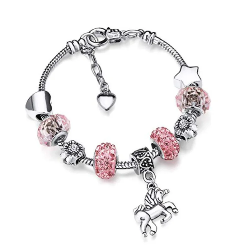 

Glass Charm Bracelets & Bangles For Women Girl Unicorn Vintage Crystal Heart Ball Beads Pulseras DIY Jewelry Gift For Girlfriend