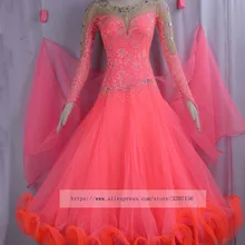 Стандартное бальное платье для женщин, новинка, на заказ, розовое, с высоким воротником, с длинным рукавом, вальс платья для конкурса бальных танцев